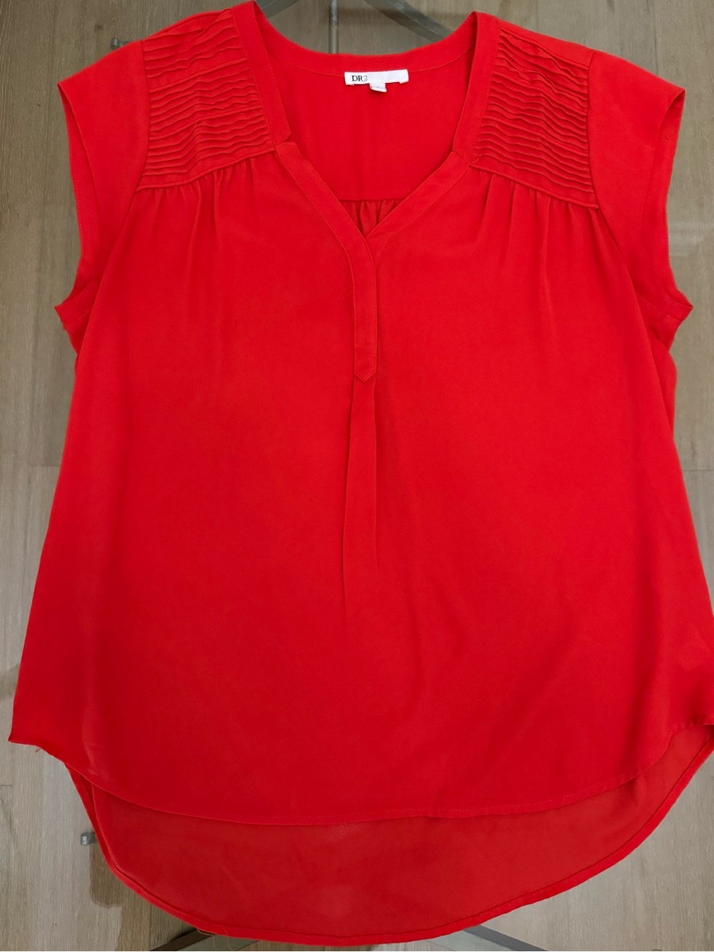 DR2 Bright Red V-Neck Pleated Yoke Cap Sleeve Blouse